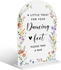 Acrylic Wedding Signs, Dancing Feet Signs for Marriage Reception, Bridal Shower Decorations, Modern Arched Round Top Acrylic Table Top Sign with Holder for Wedding Party Dinner (White Wildflowers)