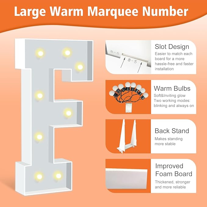 3FT Marquee Light Up Letters F, Large 3 feet Tall Cardboard Letters Lights for for Birthday Party Decorations, Anniversary Decor, Baby Shower, Weeding Room Decor, Assembly Required