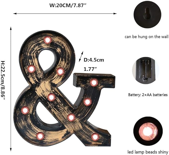 OYCBUZO Golden Black Led Marquee Letter - Industrial, Vintage Style Light Up Alphabet Letter Sign for Cafe Wedding Birthday Party Christmas Lamp Home Bar Initials Decor - &