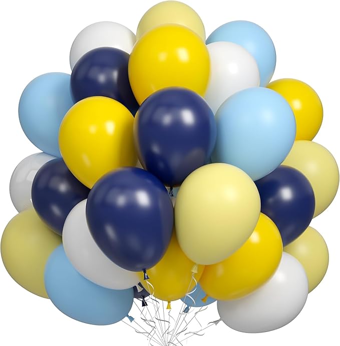 Blue Yellow Balloons Set, 60PCS Navy Blue Matte Yellow White Party Balloons, Pastel Blues Yellows and White Latex Helium Balloon for Boys Birthday Baby Shower Graduation Truck Office Party Decorations