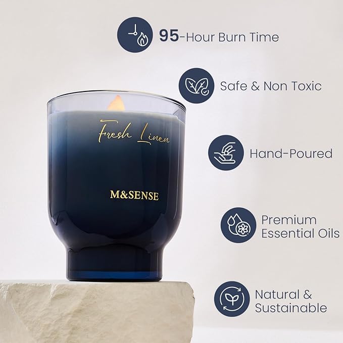 M&SENSE 16.6oz Natural Soy Large Jar Candle with Wooden Wick | Fresh Linen Scent | 95-Hour Burn & Long-Lasting Burn | Housewarming Gift for Men and Women