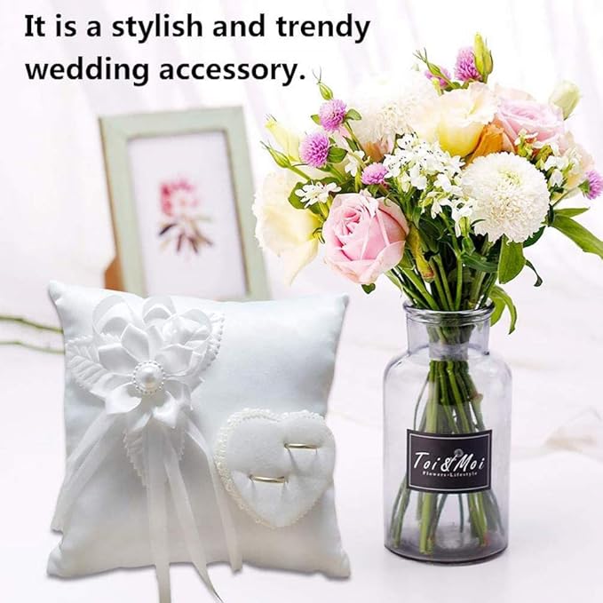 Lace Pearl Wedding Ring Bearer Pillow Holder, 7.9 Inch Ring Bearer for Wedding