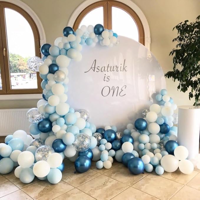 Blue Silver White Confetti Balloons Kit, Light Blues Metallic Blue Pastel Blue and Pearl Silver Birthday Balloon, for Boy Birthday Baby Shower Wedding Party Decor