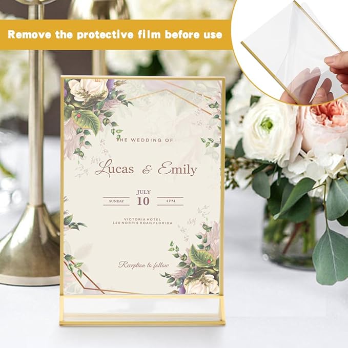 12 Pack Gold Acrylic Sign Holder 5 x 7 inch, Double Sided Gold Picture Frame Stand up Table Top Sign Holders, Wedding Table Number Frames Vertical for Party, Home, Office(5 x 7inch)
