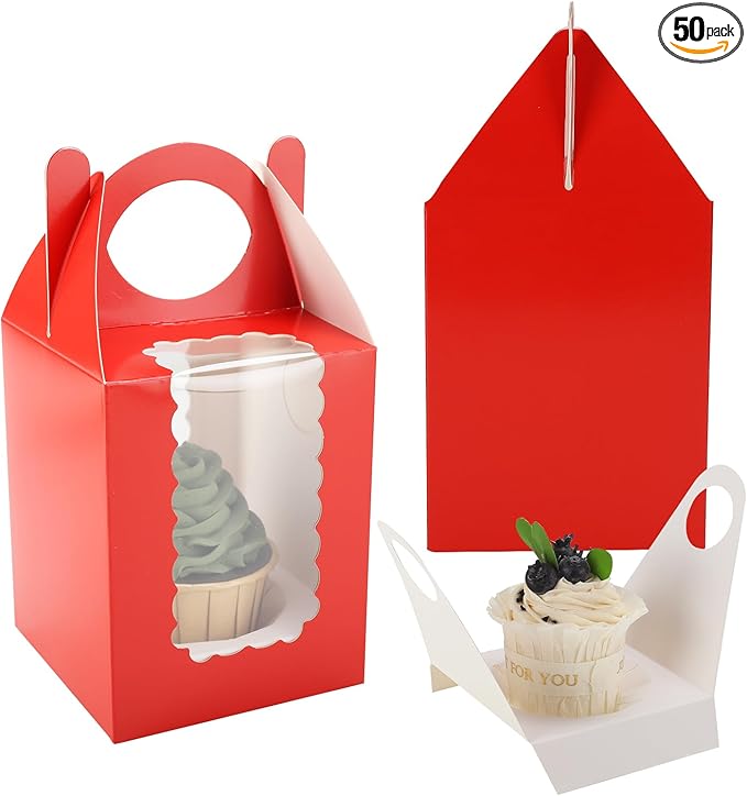 Individual Cupcake Boxes 4x4x5 Inches Disposable Pastry Tray Boxes, With Window Insert and Handle, Perfect for Parties, Birthdays, Bakery Wrapping and Events Containers (Red-50Pack)