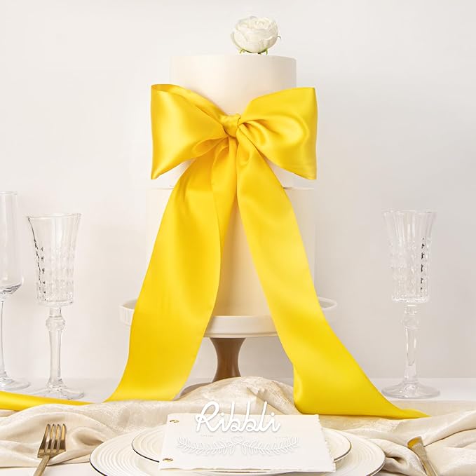 Ribbli Maize Yellow Satin Ribbon 4 Inch Wide Yellow Ribbon for Wedding Chair Sash Grand Opening Ceremony Big Bows Gift Wrapping Floral Crafts Cake Decor-Double Faced Satin Continuous 10 Yards