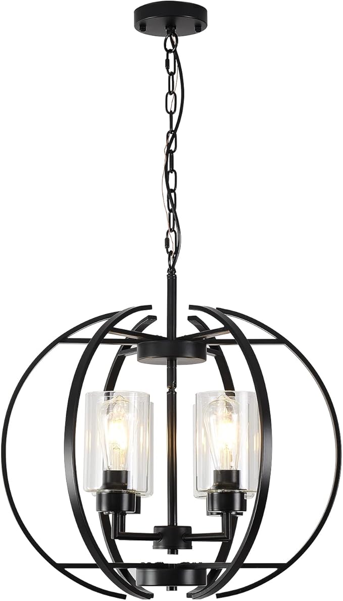 Black Chandelier Lighting with Clear Glass for Dining Room, Farmhouse Hanging Lighting, 4 Lights Globe Ceiling Light Fixture