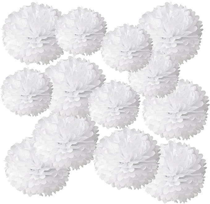 White Paper Pom Poms - Party Tissue Paper Flowers Balls - Party Hanging Decoration Supplies - Size of 10inch, 12inch, Great for Wedding, Birthday, Any Parties and Events (12 PCS)