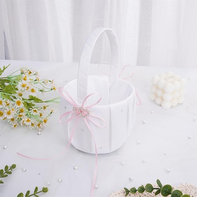 QIRMIZI Wedding Ring Pillow and Flower Girl Basket Set – Adorned with Pearl Rhinestones, White Satin,Pink