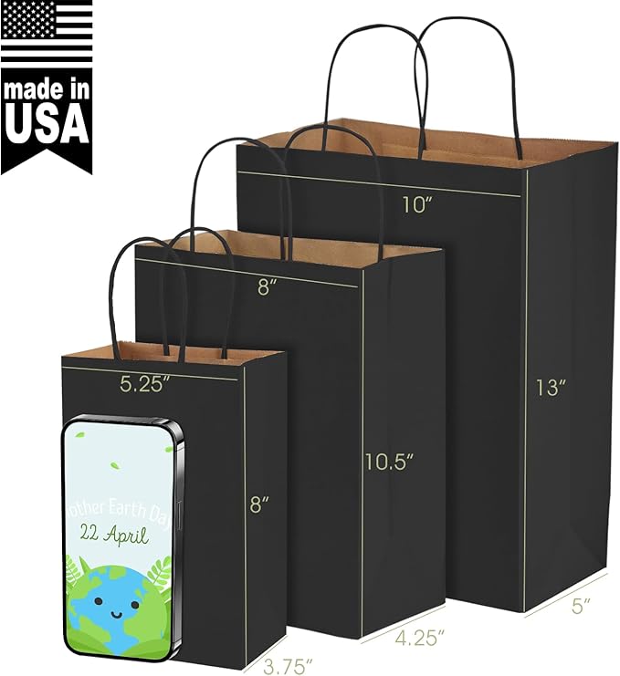 MESHA Gift Paper Bags 300 PACK 5.25x3.75x8'' Black Small Shopping Kraft Bags Bulk with Handles Reusable for Business,Grocery,Birthday,Wedding,Kids Party,Favors