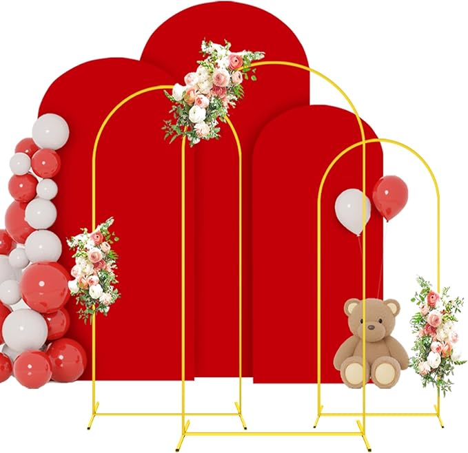 FOTSHARER Metal Arch Backdrop Stand and Cover 6&6.6&7.2FT Red Arch Covers Stretchy Backdrop Balloon Arch Stand Set of 3 Wedding Arch Stand and Cover Set for Baby Shower Graduation Party Ceremony Decor