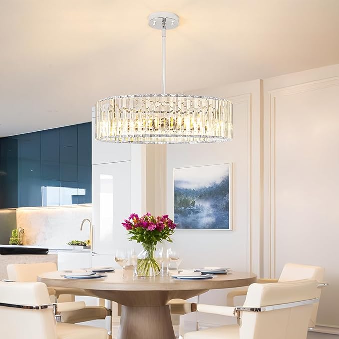 Modern Crystal Chandelier for Dining Room, 6 Light Chrome Semi Flush Mount Ceiling Light Fixtures, 19in Hallway Fixture, Round Kitchen Hanging Drum Pendant Lights Ceiling for Living Room Bedroom Foyer