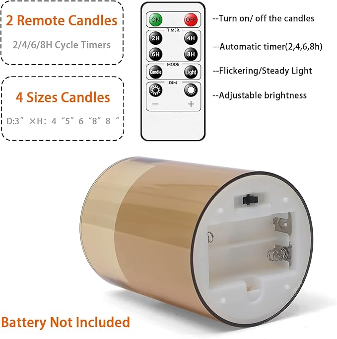 Fo32won Amber LED Flameless Pillar Candles Battery Operated with Remote and Timer, Set of 5 (D 3"×H 4" 5" 6" 8" 8") Decorative Plexiglass Flickering Candles with 3D Flame