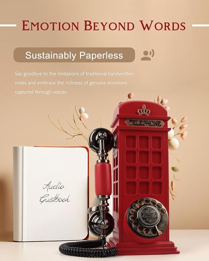 Audio Guest Book Wedding Phone with Vintage Phone Booth Design, Record Customized Audio Message Guest Book for Wedding, Party and Gathering, Red