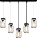 Glass Mason Jar Light Fixtures, 5-Light Adjustable Height Pendant Ceiling Lights Flush Mount - Black Country Farmhouse Lights for Kitchen Dining Room Foyer Stairway Hallway Entryway Porch