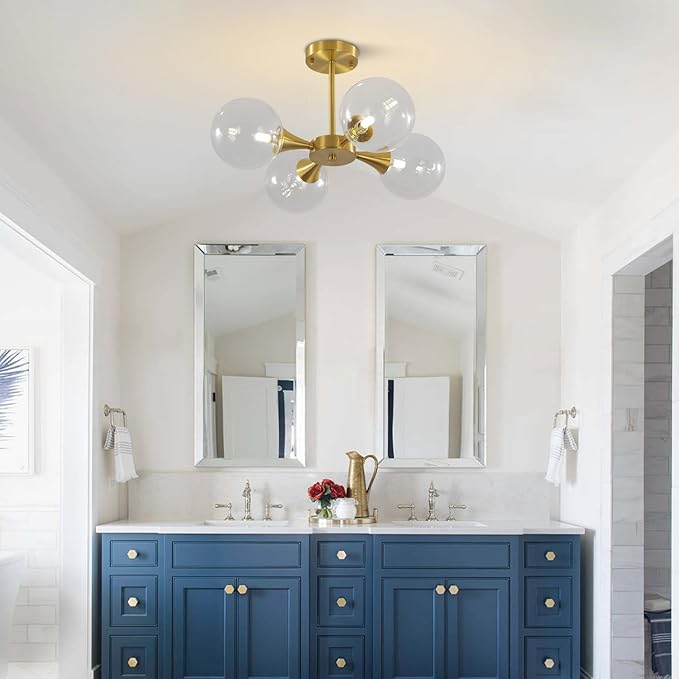 KCO Lighting 4-Lights Modern Globe Semi Flush Mount Ceiling Light Mid Century Brushed Brass Schoolhouse Close to Ceiling Light Gold Clear Glass Bubble Sputnik Chandelier Light Fixture