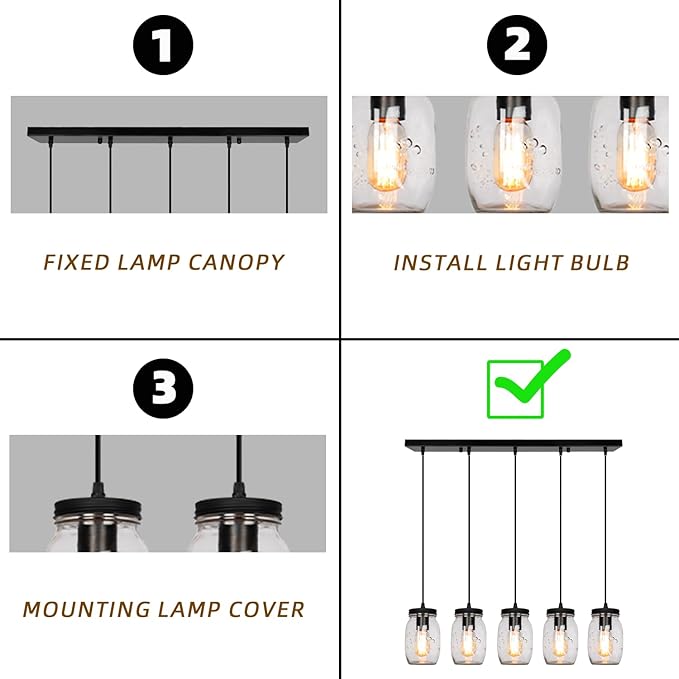 Glass Mason Jar Light Fixtures, 5-Light Adjustable Height Pendant Ceiling Lights Flush Mount - Black Country Farmhouse Lights for Kitchen Dining Room Foyer Stairway Hallway Entryway Porch