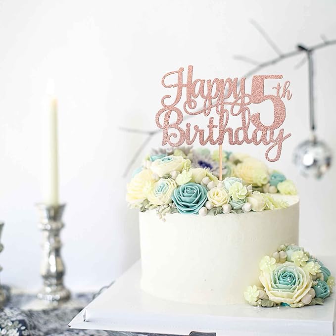 1 PCS Happy 5th Birthday Cake Topper Glitter Cheers to 5 Years Cake Pick Number 5 Fabulous Cake Decoration for 5th Birthday Theme Party Decorations Supplies Rose Gold