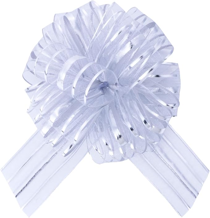 6 Pcs 6 Inch Large Organza Pull Bow Ribbon – Elegant Gift Bows for Wedding Decorations, Christmas Wrapping, Birthday Parties, Car Decor, Gift Baskets, and Valentine's Day Packaging(Silver)
