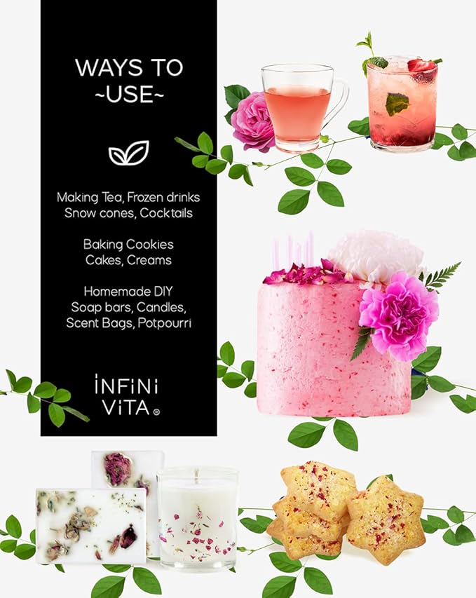 Infini Vita Dried Rose Petals 14g (0.5oz) - Edible Red Rose Tea - Dried Flowers for Cake Decorating, Drinks, Candle, and Soap Making (0.5oz)