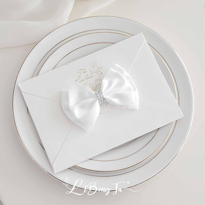 White Satin Bows 4'' Premade White Ribbon Bows, Gift Bows with Rhinestone, Wrapping Bows for Presents, Greeting Cards, Treat Bags, Wine Bottles, Valentines Bows for Gift Wrapping-12 Counts