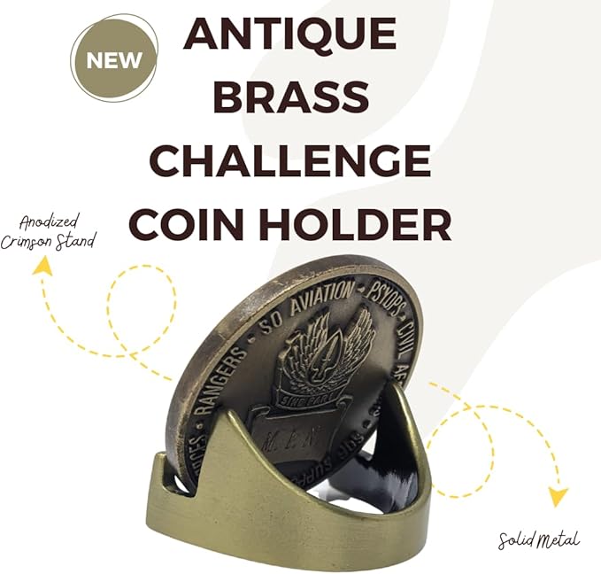Military Challenge Coin Display Stand - Solid Metal with Anodized Finish - US Vet. Business (Antique Brass Five-Pack)