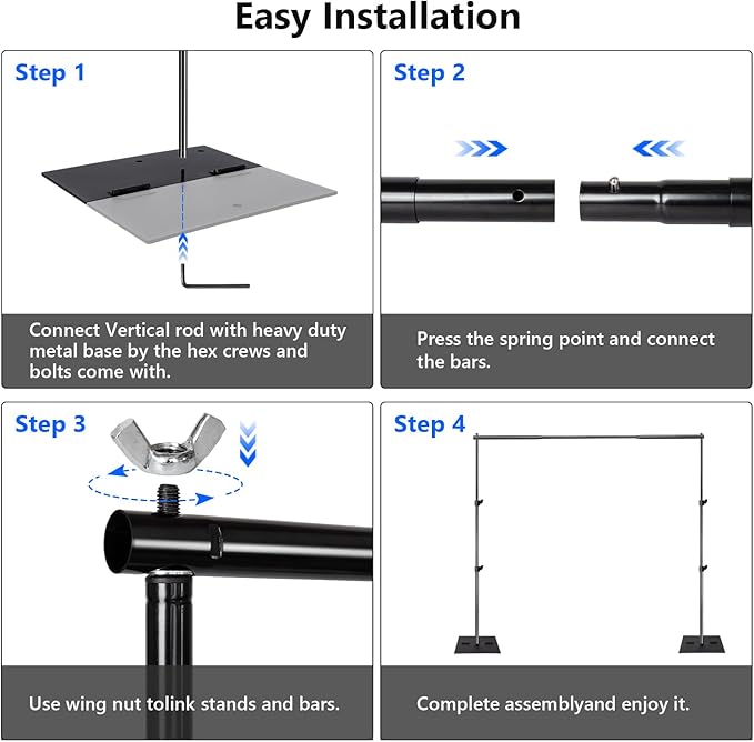 Pipe and Drape Photography Backdrop Stand Kit Adjustable Photo Background Stand 10ft x 6.5ft with Metal Base for Parties Weddings Birthday Party Events Photo Booth