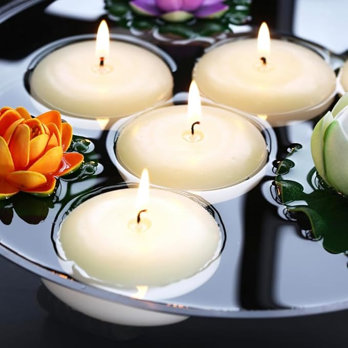 24 Pack Floating Candles, 3” Ivory Unscented Dripless Wax Burning Candles, for Weddings, Party, Cylinder Vases, and Home Decorations