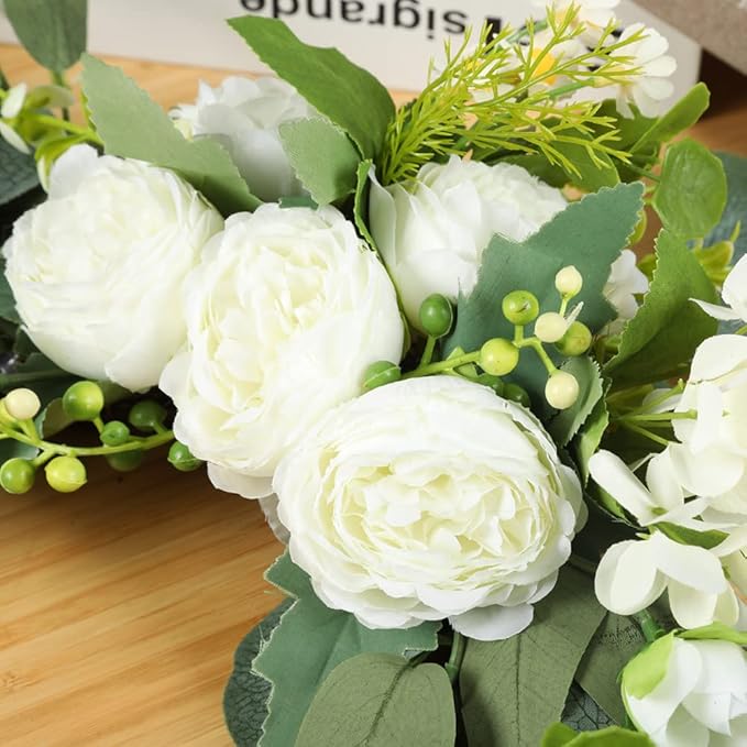 H&W 2pcs Artificial Wedding Arch Flowers for Wedding Sign, Floral Swag Dusty Decor for Reception Ceremony Backdrop(Willow Leaves-Peony-White)