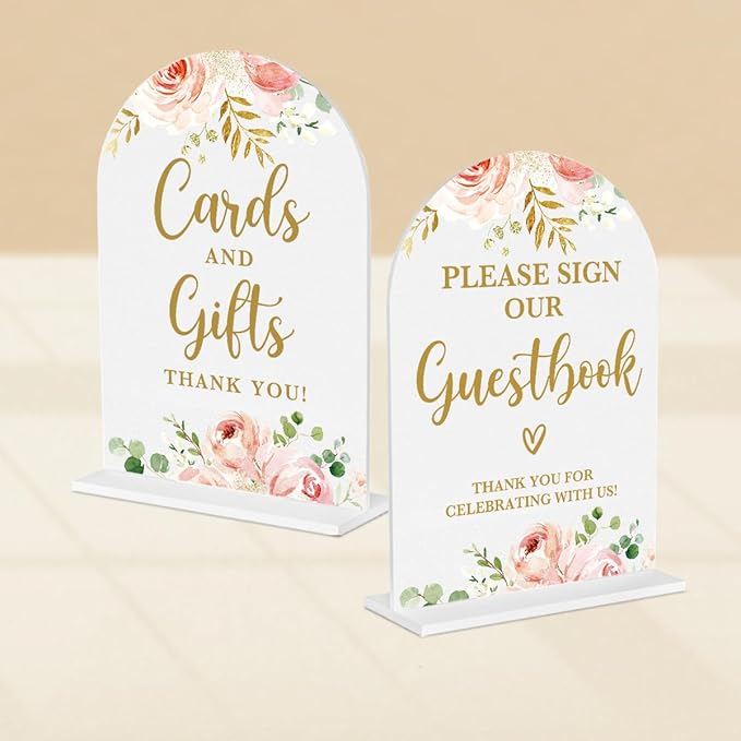 2 Pcs Acrylic Wedding Signs for Reception, Bridal Shower Decorations, Cards and Gifts Signs, Guest Book Sign, Arch Acrylic Table Top Sign with Holder for Wedding Reception (White Pink Flowers)
