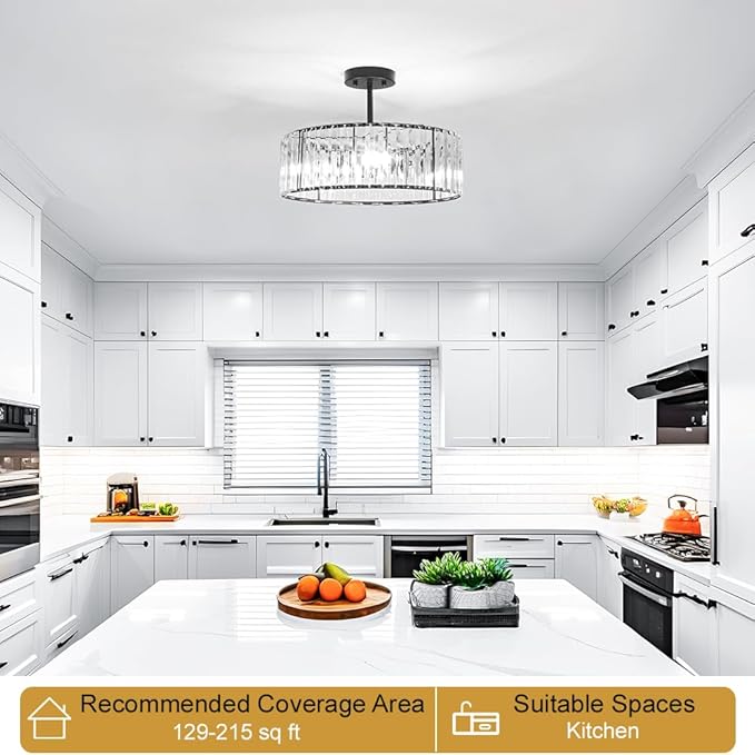 Modern Crystal Ceiling Light Fixture, Semi Flush Mount Ceiling Light, Matte Black Hallway Lighting Fixtures Chandelier, Crystal Chandelier for Kitchen Bedroom Dining Room Closet, 5-Light, 16 Inch