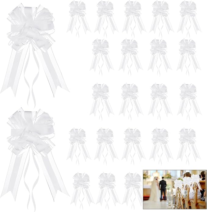 Riceshoot 24 Pcs Wedding Pew Bows with Yarn, Wedding Aisle Decorations for Church Chair Bench, Big Pull Bows for Gift Wrapping Bridal Shower Reception Birthday Anniversary Car Decor