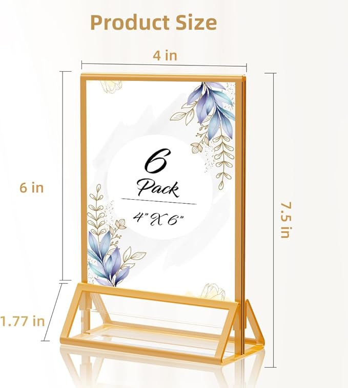 Gold Picture Frame 4X6 Acrylic Sign Holder Double Sided Clear Acrylic Frames Display Stand, Plastic Sign Holder for Wedding Table Numbers Menu Holder (6 Pack)