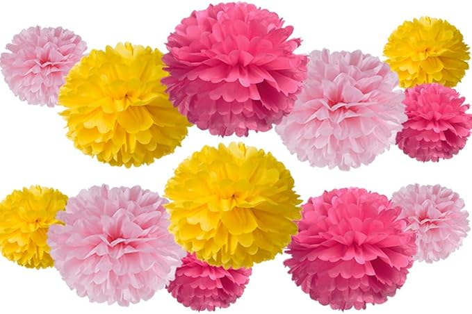 Hot Pink Yellow and Pink Tissue Paper Pom Poms Flower for Baby Shower Spring Summer Birthday Wedding Groovy Theme Party Decoration, 12pc