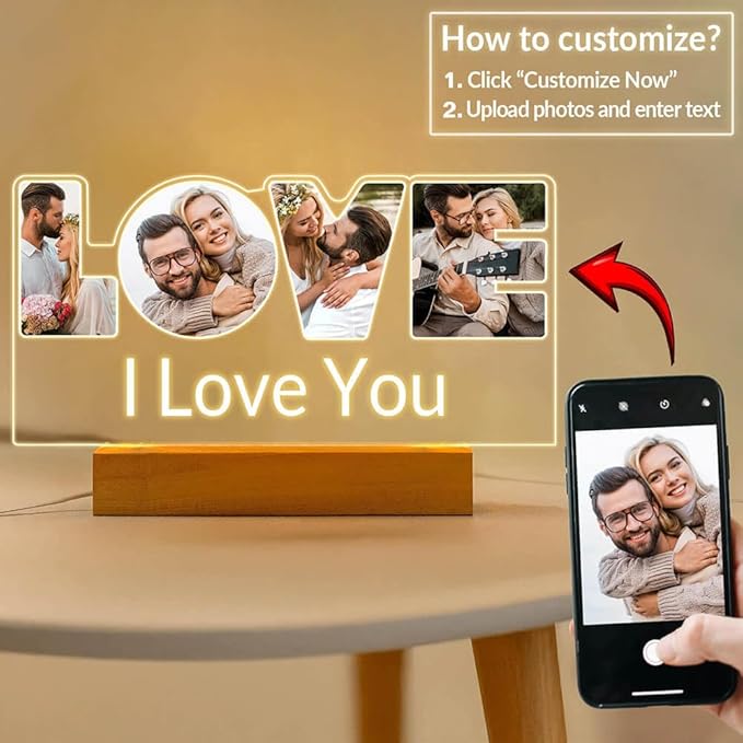 Personalized Anniversary Couple Gifts for Women Men, Custom Picture Frames with Photo, Customized Photo Frame with Night Light, Personalized Birthday Gifts for Her Him Girlfriend Boyfriend