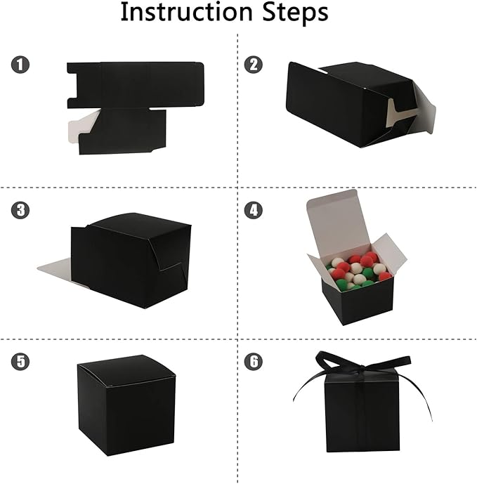 COTOPHER 100pcs Wedding Favor Boxes, Paper Gift Boxes 3x3x3 Inches Small Gift Boxes with Ribbons Small Boxes for Gifts, Crafting, Cupcake, Candy, Bridesmaid Proposal Boxes，Easy Assemble Boxes (Black)