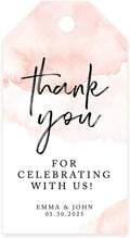 Andaz Press 100-Pack Personalized Thank You for Celebrating with Us Wedding Favor Tags with Bakers Twine Coral Brushed Watercolor Custom Cardstock Wedding Gift Tags for Party Favors 2 x 3.75-Inches
