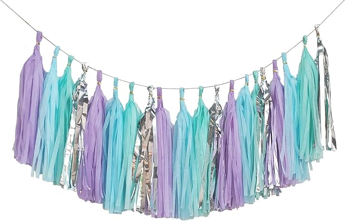 ZOOYOO Shiny Tassel Garland Tissue Paper Tassel Banner,Table Decor,DIY Kits for Party, Tassels Party Decoration,Pack of 20(Lavender,Light Blue,Mint,Silver)