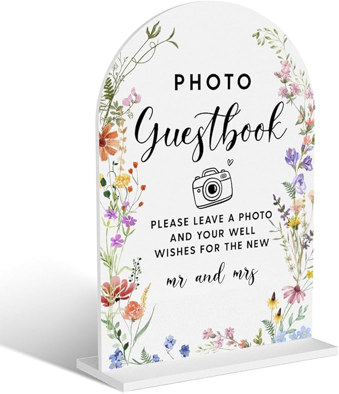Acrylic Wedding Signs, Photo Guestbook Signs for Marriage Reception, Bridal Shower Decorations, Modern Arched Round Top Acrylic Table Top Sign with Holder for Wedding Party Dinner (White Wildflowers)
