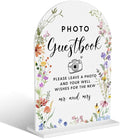 Acrylic Wedding Signs, Photo Guestbook Signs for Marriage Reception, Bridal Shower Decorations, Modern Arched Round Top Acrylic Table Top Sign with Holder for Wedding Party Dinner (White Wildflowers)