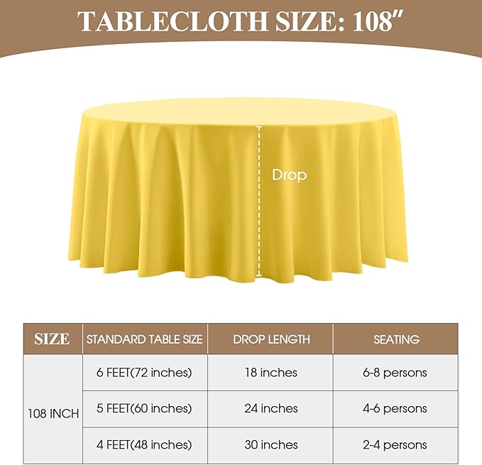 Round Tablecloth 2 Pack 108 Inch Yellow Tablecloths Washable Decorative Linen Polyester Table Clothes Cover for Dining Table Banquets Buffet Parties and Wedding