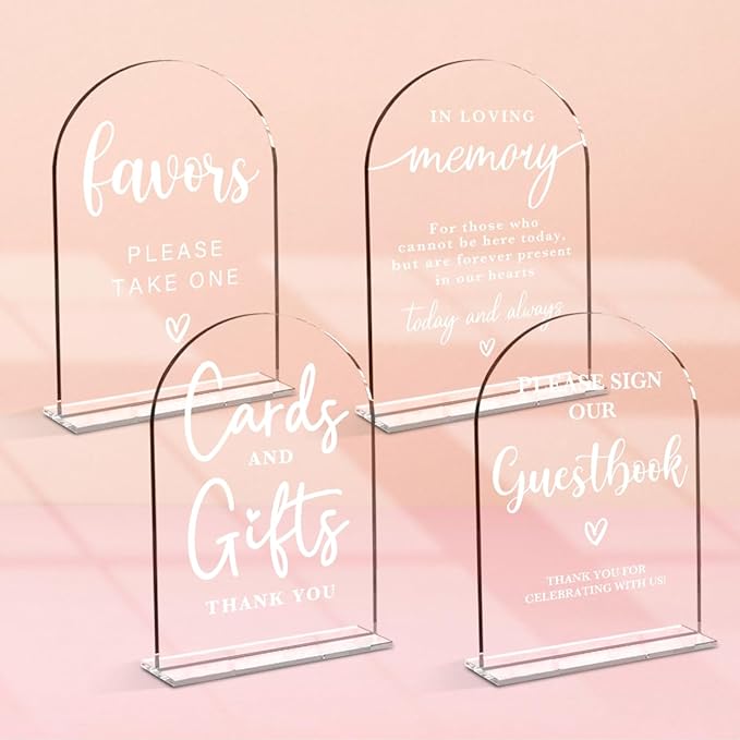 4 Pcs Acrylic Wedding Signs for Ceremony and Reception, Bridal Shower Decorations, Cards and Gifts Signs, Guest Book Sign, Arch Acrylic Table Top Sign with Holder for Wedding Reception (Clear)