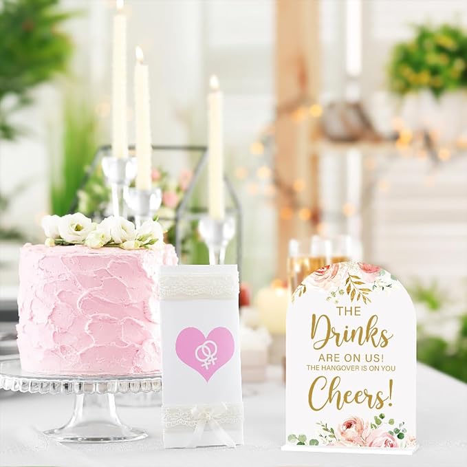 Acrylic Wedding Signs, Bridal Shower Decorations, The Drinks Signs for Reception, Modern Calligraphy Arch Acrylic Table Top Sign for Wedding Reception and Engagement Parties (Pink Flowers)