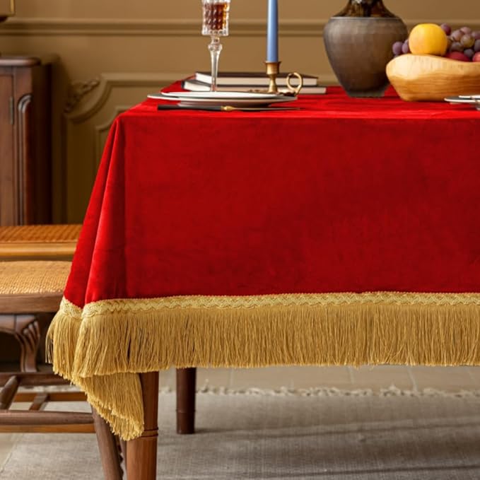 F-CHU Luxury Red Tablecloth Thickset Velvet Tablecloth with Beautiful Gold Tassels Vintage Table Cloth for Home Decor Wedding, Party, Banquet and Events 60x70-Inch