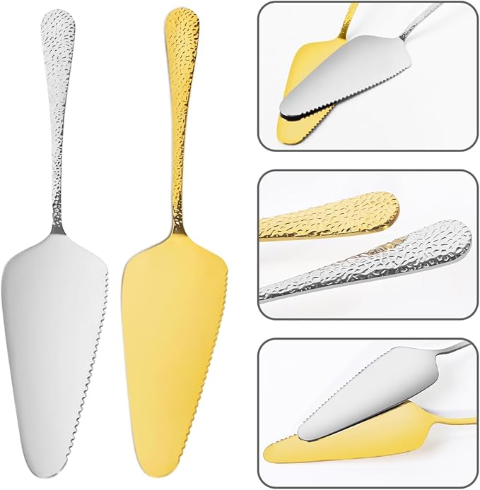 Stainless Steel Cake Server Pack of 10 Hammered Pie Holder Transfer Triangular Spade Spatula Serrated Edge for Pizza Cake Baking Safe in Dishwasher (Gold)