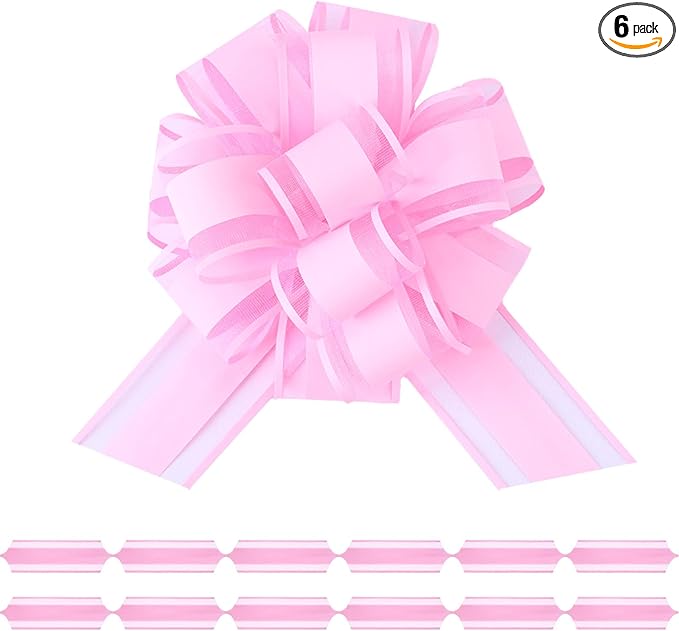 6Pcs 6inch Pull Bow Gift Wrapping,Pull Bow For Gift Basket, Gift Bag Box Wrapping Decor, Valentines Day, Birthday, Anniversary, Wedding, Flower Packaging (Pink)