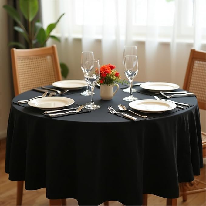 sancua Round Tablecloth - 90 Inch - Water Resistant Spill Proof Washable Polyester Table Cloth Decorative Fabric Table Cover for Dining Tables, Buffet Parties and Camping, Black