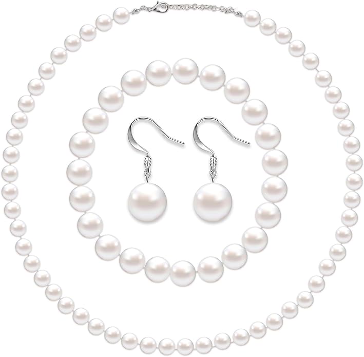 4 Pcs 1920s Faux Pearl Costume Jewelry Set for Women Halloween Simulated Necklace Bracelet Earrings for Wedding