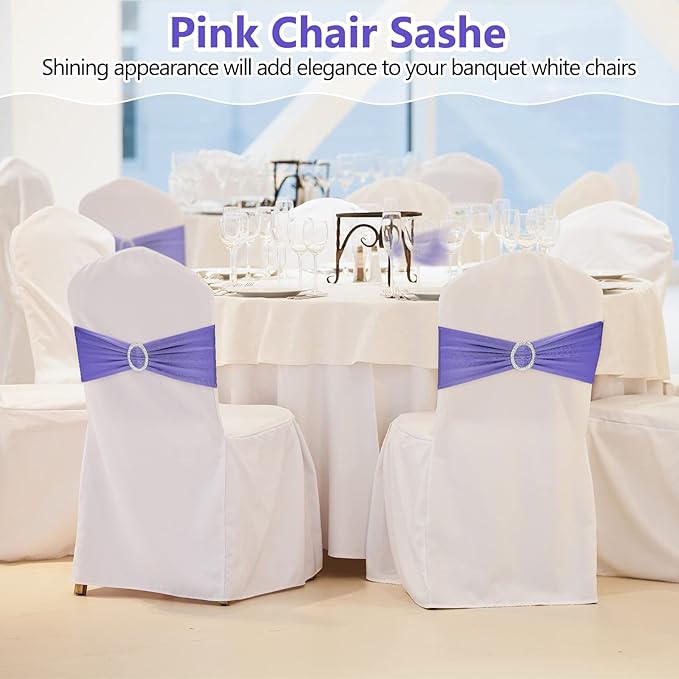 CHENGU 150 Pieces Spandex Stretch Chair Sashes Bows Elastic Chair Cover Bands Ties with Buckle Slider for Wedding Party Reception Events Universal Ceremony Banquet Decorations (Light Purple)