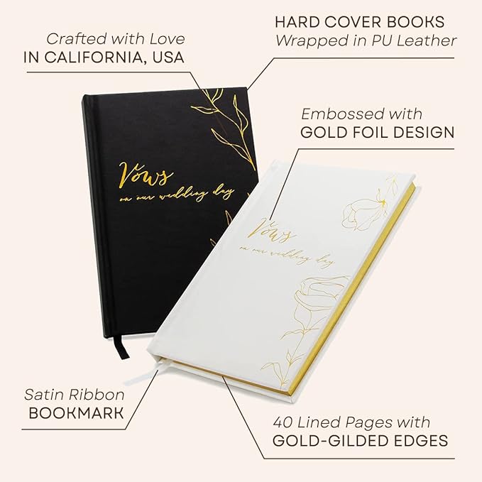 MUUJEE Vows On Our Wedding Day Vow Books (Set of 2) - Black and White Gold Foil Embossed Notebook Journal for Wedding Ceremony Vow Renewal - Wedding Gift Ideas